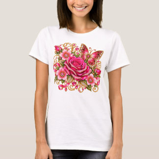 Pink Rose Butterfly Sparkling Floral T-Shirt