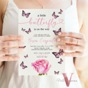 Pink Rose Butterfly Watercolor Baby Shower Invitation