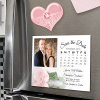Pink Rose Calendar & Photo Save the Date Magnet