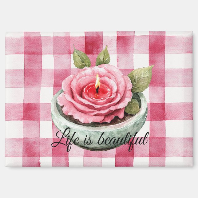  Pink Rose Candle Plaid  Magnet (Front)