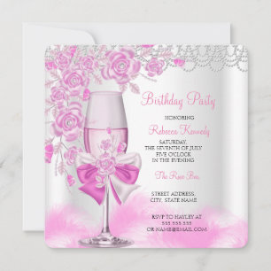Pink Rose Champagne White Birthday Party Invitation