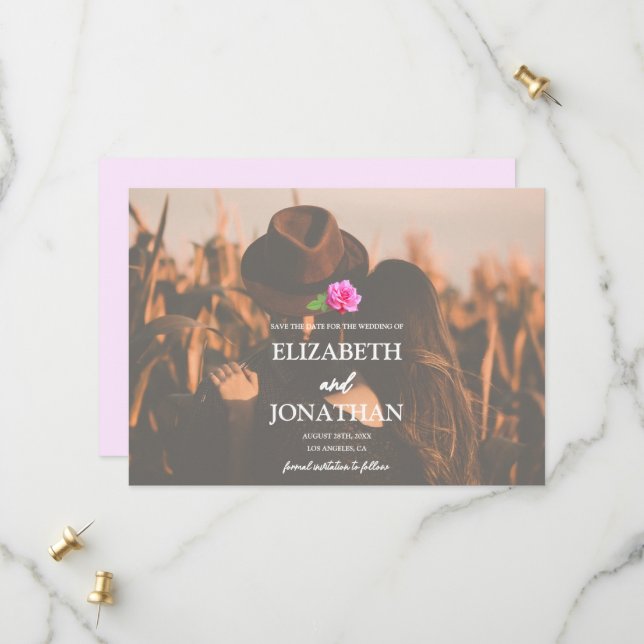 Pink Rose Classic Minimalist Wedding Save The Date (Front/Back In Situ)