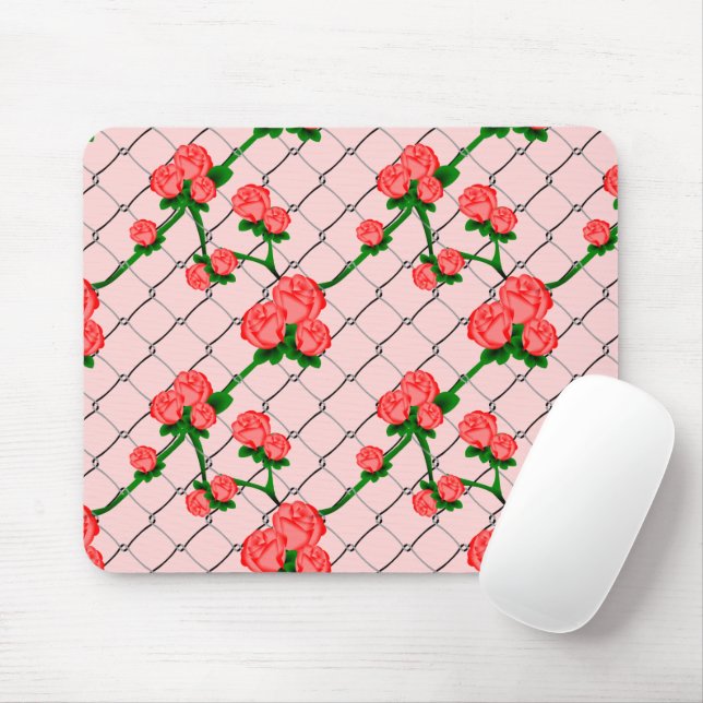 Pink Rose Climbing Chain Link Fence Seamless Patte Mouse Pad (With Mouse)