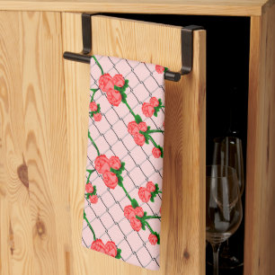 Pink Rose Climbing Chain Link Fence Seamless Patte Tea Towel
