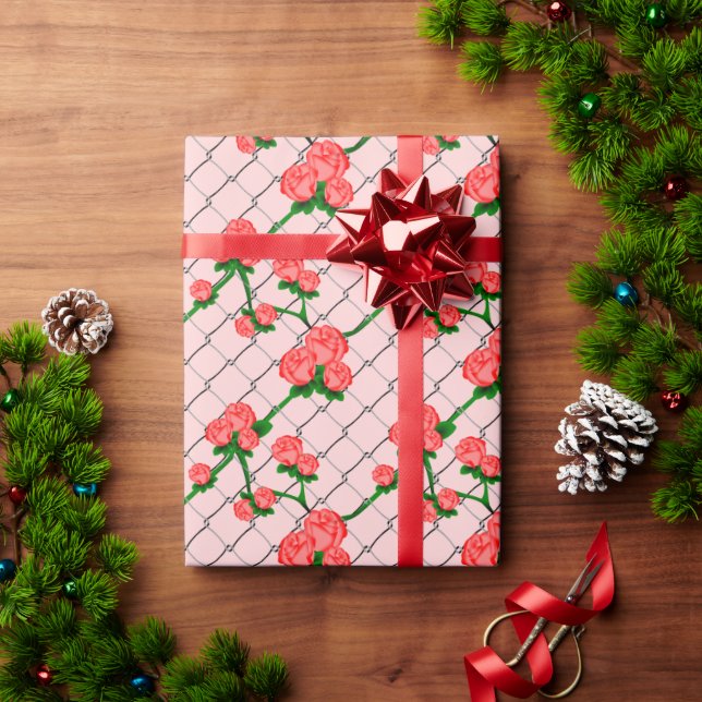 Pink Rose Climbing Chain Link Fence Seamless Patte Wrapping Paper (Holiday Gift)