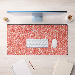 Pink rose coral shiny glitter sparkles desk mat