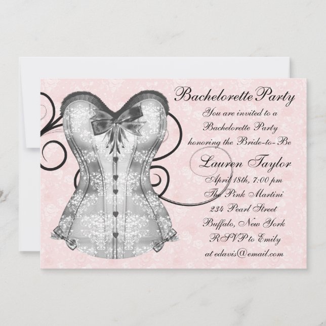 Pink Rose Corset Pink Black Bachelorette Party Invitation (Front)