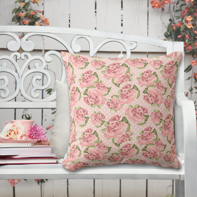 Pink Rose Country Chic Dot Pattern Throw Pillow (Creator Uploaded)