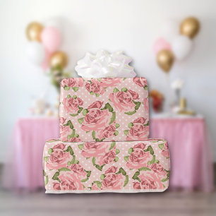 Pink Rose Country Chic Dot Pattern Wrapping Paper
