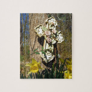 Pink rose cover cross with yellow daffodil jigsaw puzzle