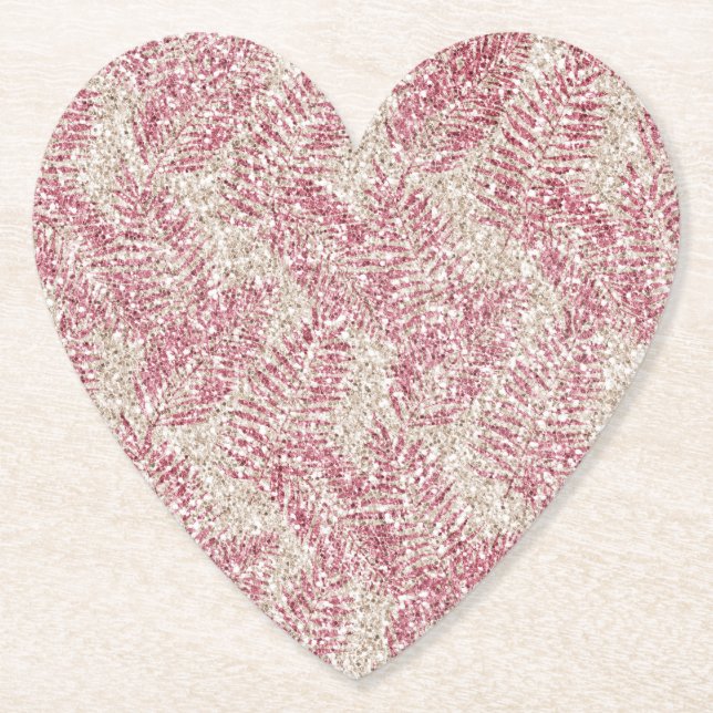 Pink Rose Cream Glitter Glitz Tropical Leaves      Paper Coaster (Front)