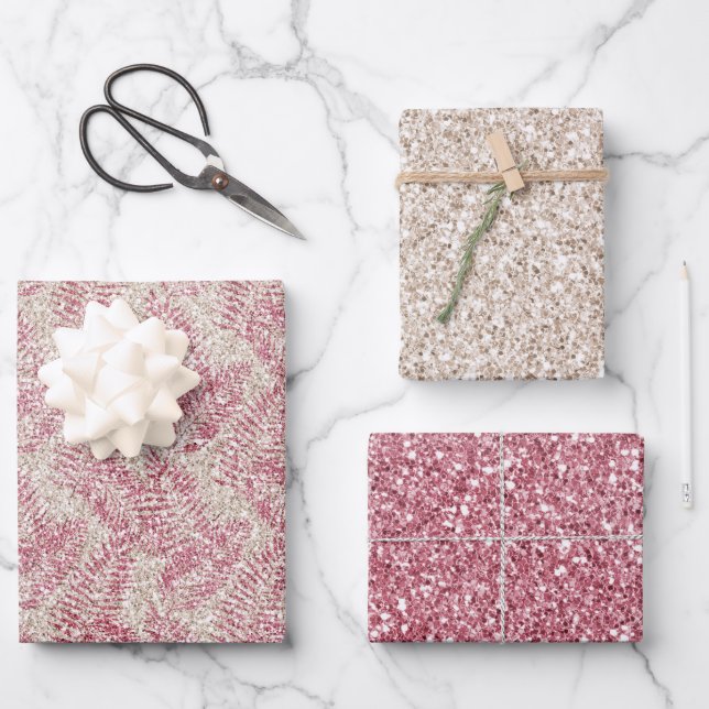 Pink Rose Cream Glitter Glitz Tropical Leaves      Wrapping Paper Sheet (Front)