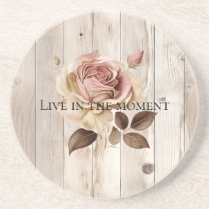 Pink Rose Cream White Faux Wood  Coaster