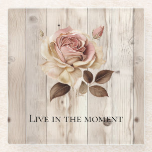 Pink Rose Cream White Faux Wood  Glass Coaster