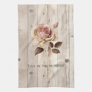 Pink Rose Cream White Faux Wood  Tea Towel