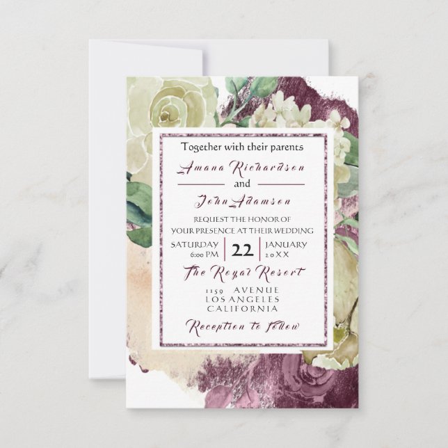 Pink Rose Creamy Marsala  Floral Roses Wedding VIP Invitation (Front)