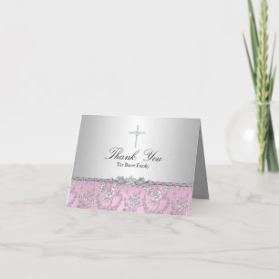 Pink Rose & Cross Baptism Thank You Card