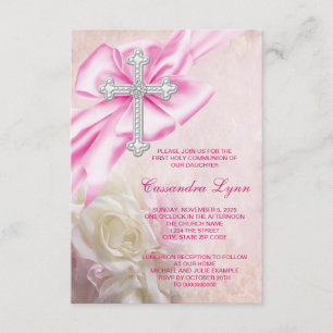 Pink Rose Cross First Communion Invitation