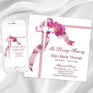 Pink Rose Cross In Loving Memory Memorial Invitation