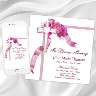 Pink Rose Cross In Loving Memory Memorial Invitation