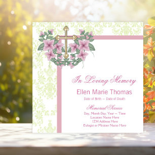 Pink Rose Cross In Loving Memory Memorial Invitation