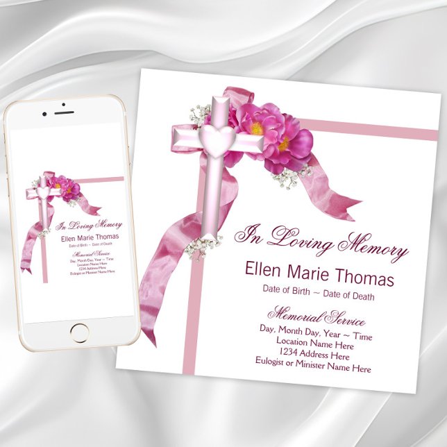 Pink Rose Cross In Loving Memory Memorial Invitation (Womans funeral announcement and memorial invitation. Download and printed invitations available.)
