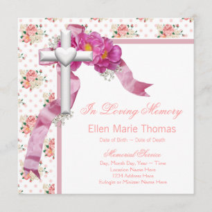 Pink Rose Cross In Loving Memory Memorial Invitation