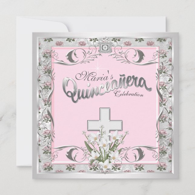 Pink Rose Cross Quinceanera Invitation (Front)