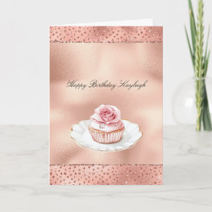 Pink Rose Cupcake Gold Glam Glitter Birthday   Card