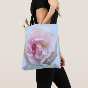 Pink Rose Custom Name Light Blue Tote Bag