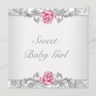 Pink Rose Damask Baby Girl Shower Invitation