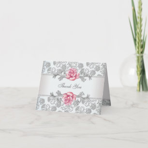Pink Rose Damask Thank You Card