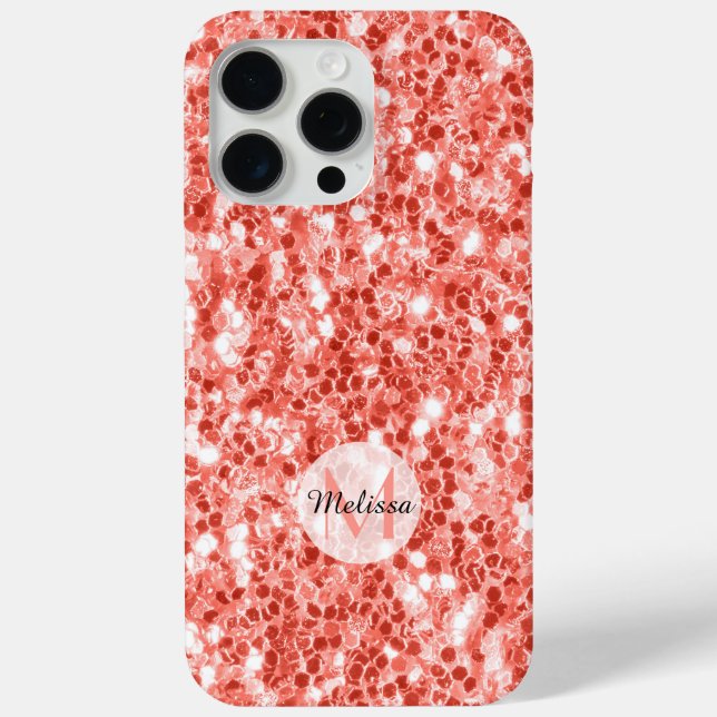 Pink rose dark coral glitter sparkles Monogram Case-Mate iPhone Case (Back)