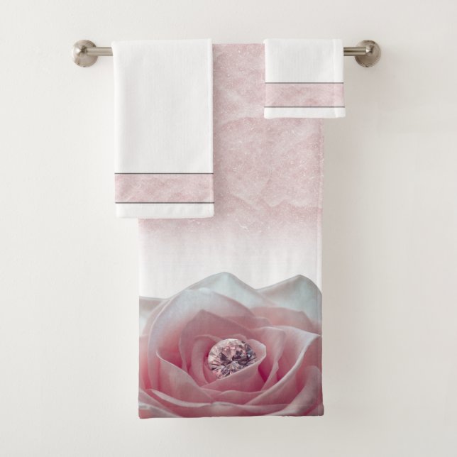 Pink Rose & Diamond Elegant Bath Towel Set (Insitu)
