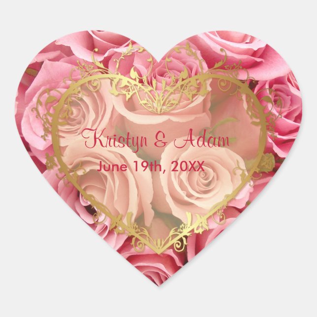 Pink Rose Elegance - Gold Heart Sticker (Front)