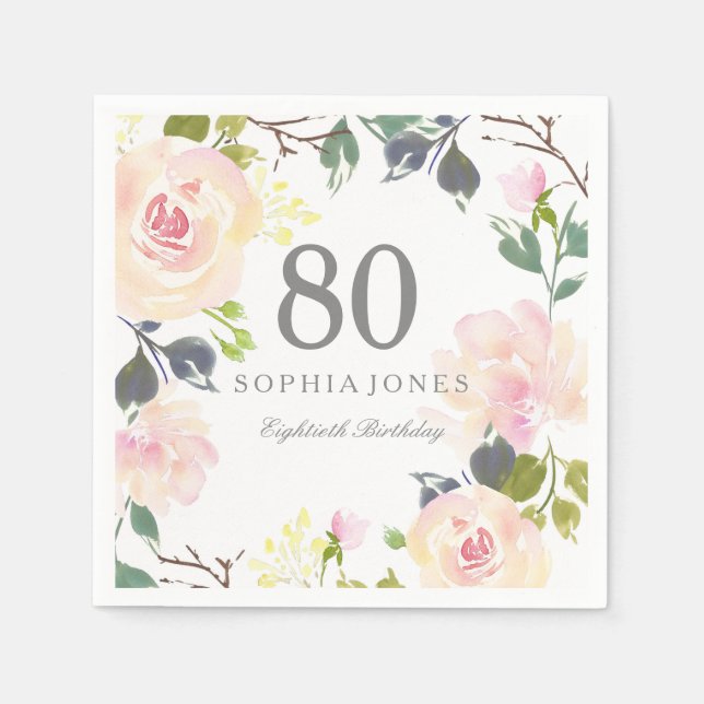 Pink Rose Elegant 80th Birthday Party Napkin (Front)