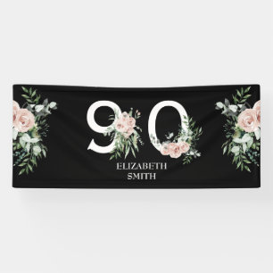 Pink Rose Elegant 90th Black Birthday Party Banner
