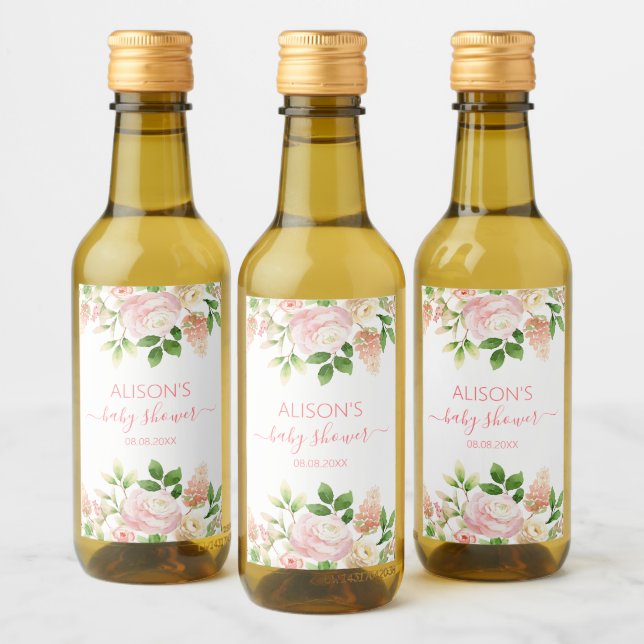 Pink Rose Elegant Floral Girl Baby Shower Mini Wine Label (Bottles)