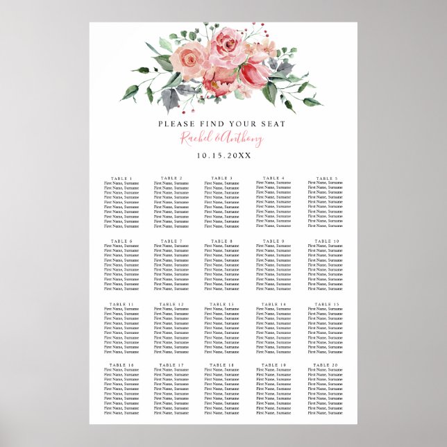 Pink Rose Elegant watercolor wedding seating chart (Front)