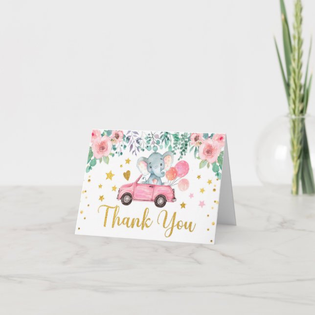Pink Rose Elephant Drive Through Baby Shower Car Thank You Card (Front)