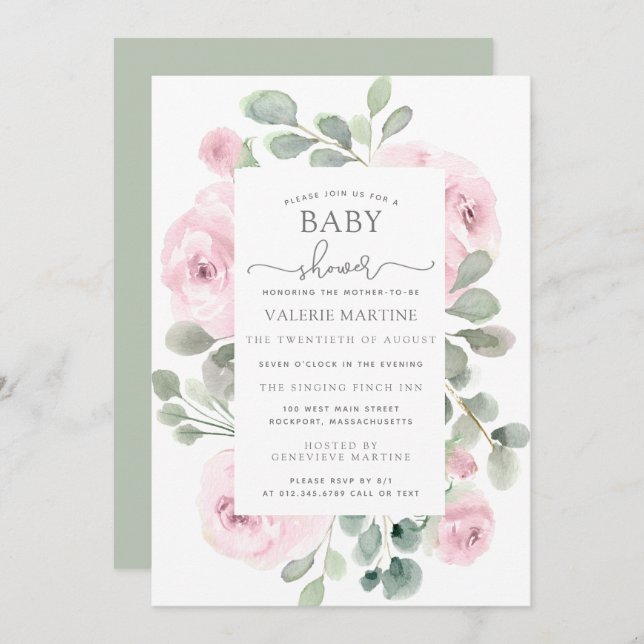 Pink Rose Eucalyptus Botanical Baby Shower Invitation (Front/Back)