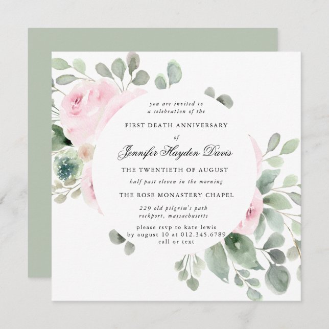 Pink Rose Eucalyptus First Death Anniversary Invitation (Front/Back)