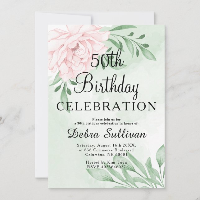 Pink Rose Eucalyptus Foliage 50th Birthday Invitation (Front)