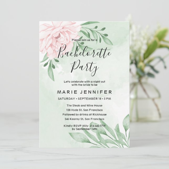 Pink Rose Eucalyptus Foliage Bachelorette Invitation (Standing Front)