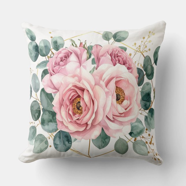 Pink Rose & Eucalyptus Pillow (Front)