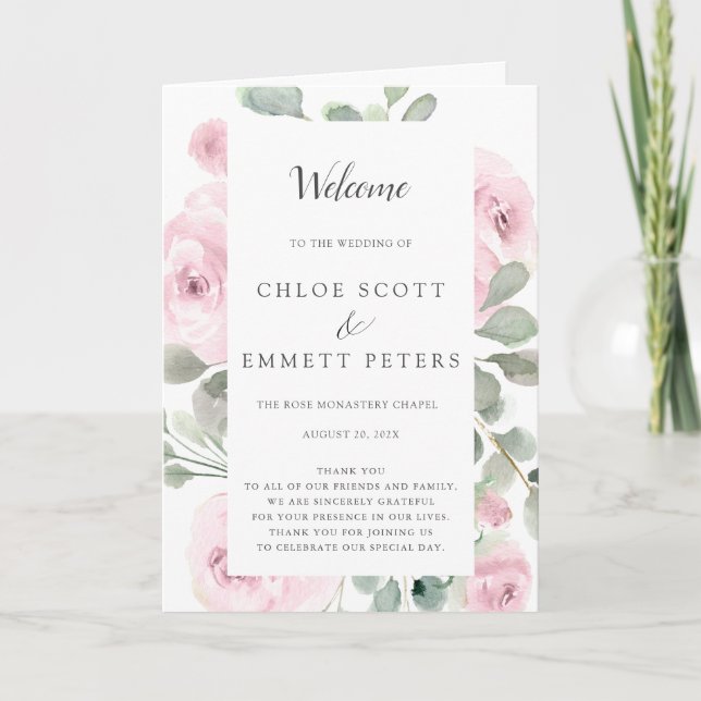Pink Rose Eucalyptus Wedding Programme (Front)
