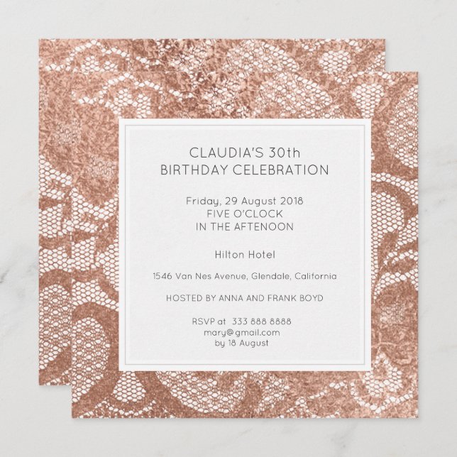 Pink Rose Faux Gold Powder Lace Birthday Party Invitation (Front/Back)