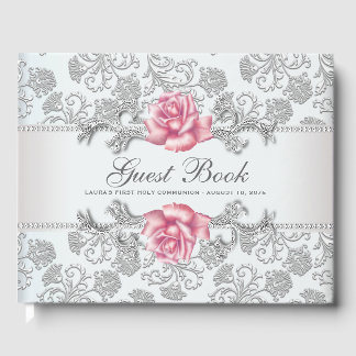 Pink Rose First Communion Baptism Guest Book