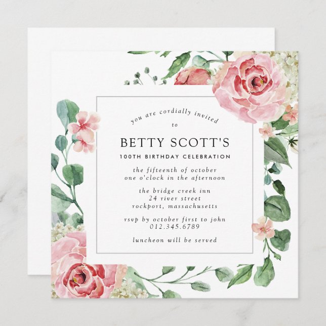 Pink Rose Floral 100th Birthday Party Invitation (Front/Back)