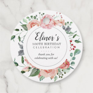 Pink Rose Floral 100th Birthday Thank You Favour Tags